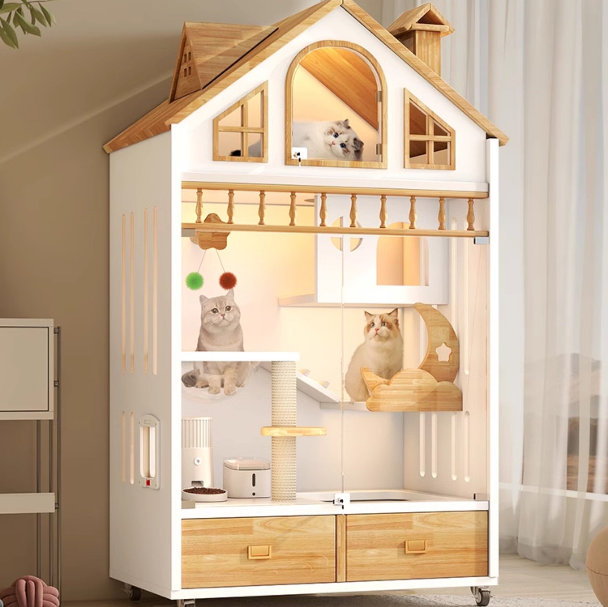メイン画像:3枚目:ペットケージ 洋風別荘型二階建て猫ケージ大型室内用