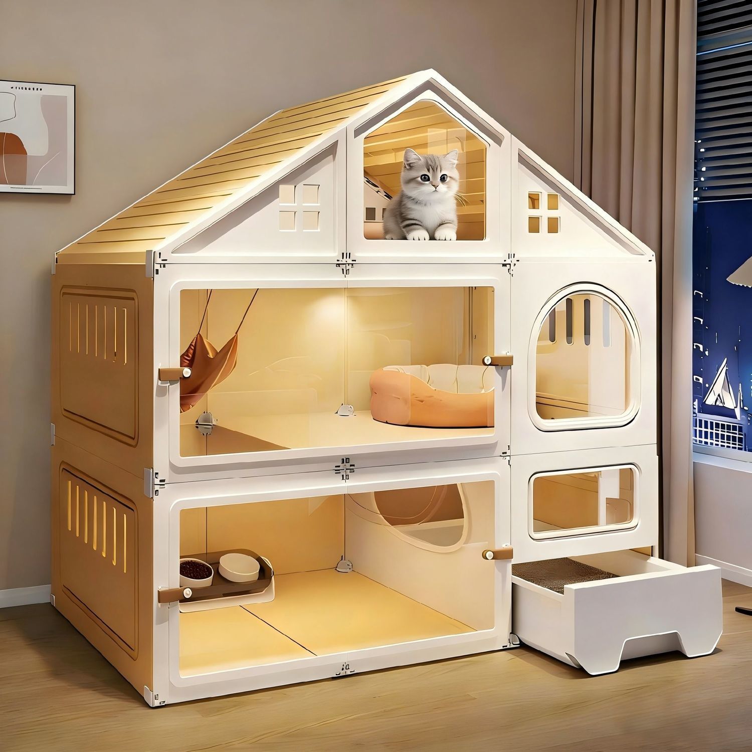 メイン画像:0枚目:ペットケージ 大型三階建て猫用ハウス多機能ペット邸宅