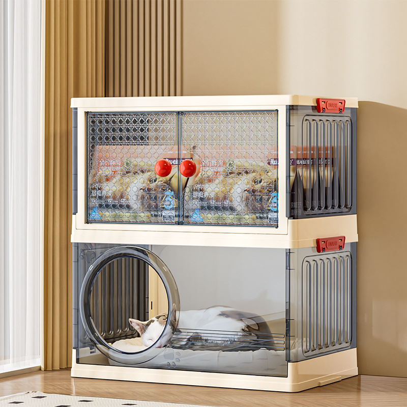 ペットケージ 透明窓付き多機能猫ケージ収納棚一体型