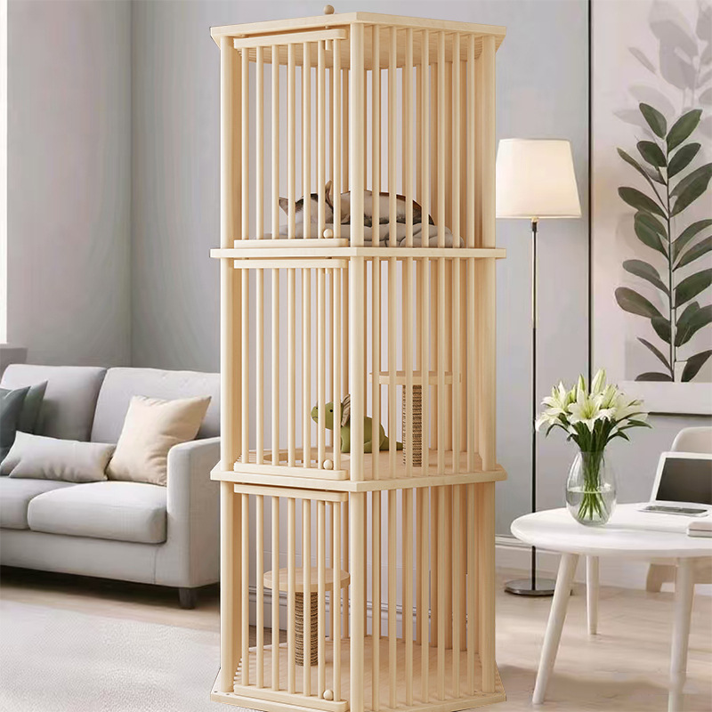 ペットケージ 二階建て移動式木製猫ケージ