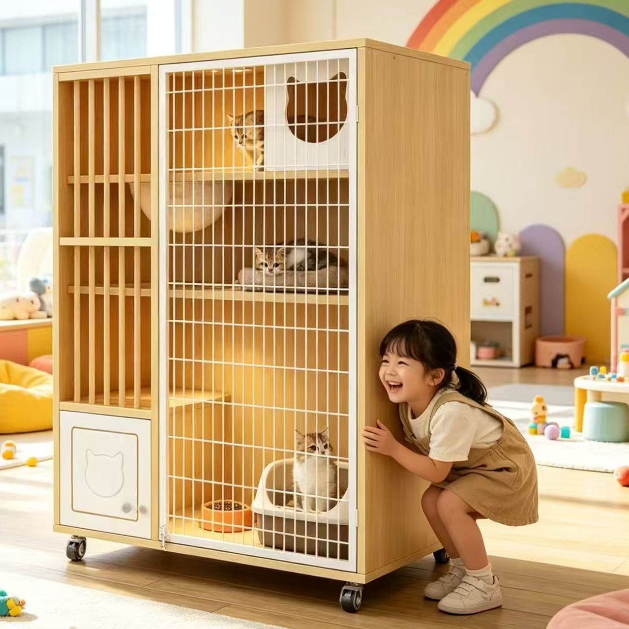 メイン画像:1枚目:ペットケージ 移動式木製猫ケージ三段大型ペットハウス