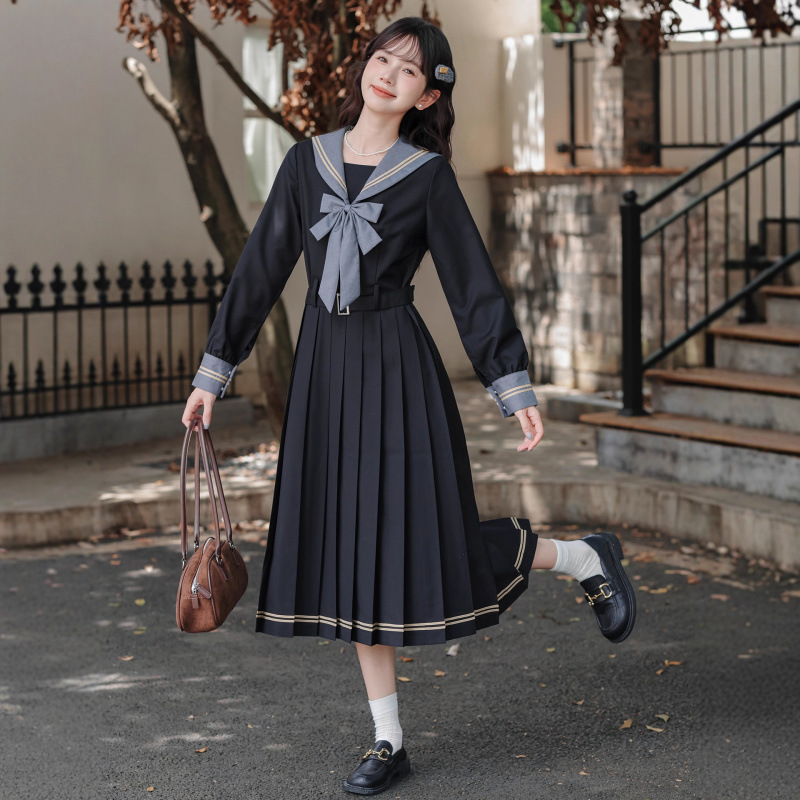 制服コスプレ 上品配色セーラー服長袖プリーツスカートセット