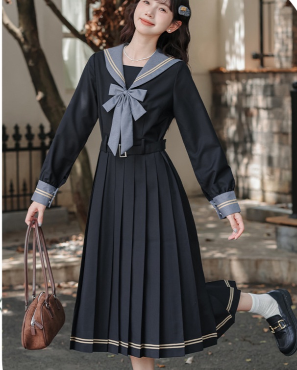 制服コスプレ 上品配色セーラー服長袖プリーツスカートセット