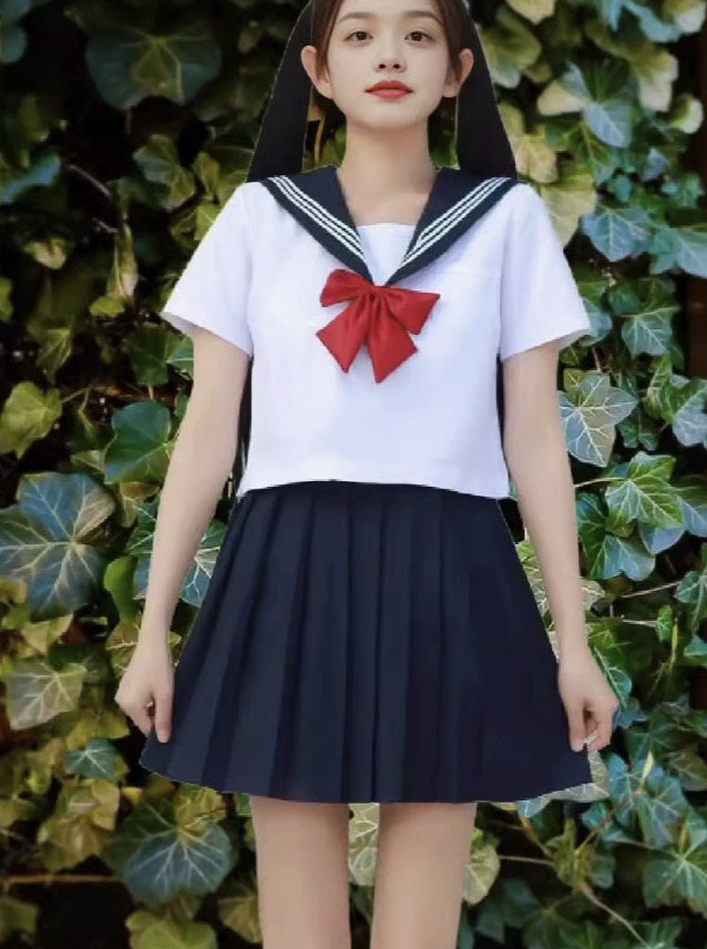 メイン画像:2枚目:制服コスプレ 清楚系白襟セーラー服赤リボン半袖コスプレ衣装