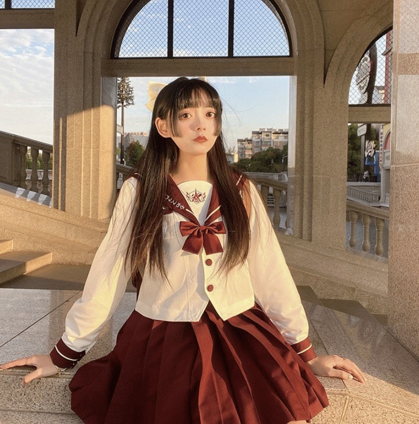 メイン画像:0枚目:制服コスプレ 清楚系襟リボン付き半袖セーラー服上下セット