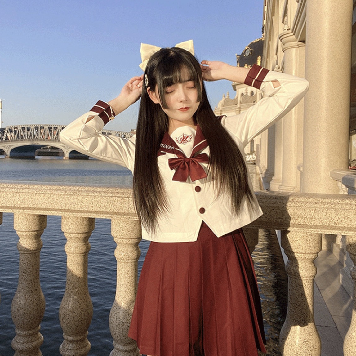 メイン画像:1枚目:制服コスプレ 清楚系襟リボン付き半袖セーラー服上下セット