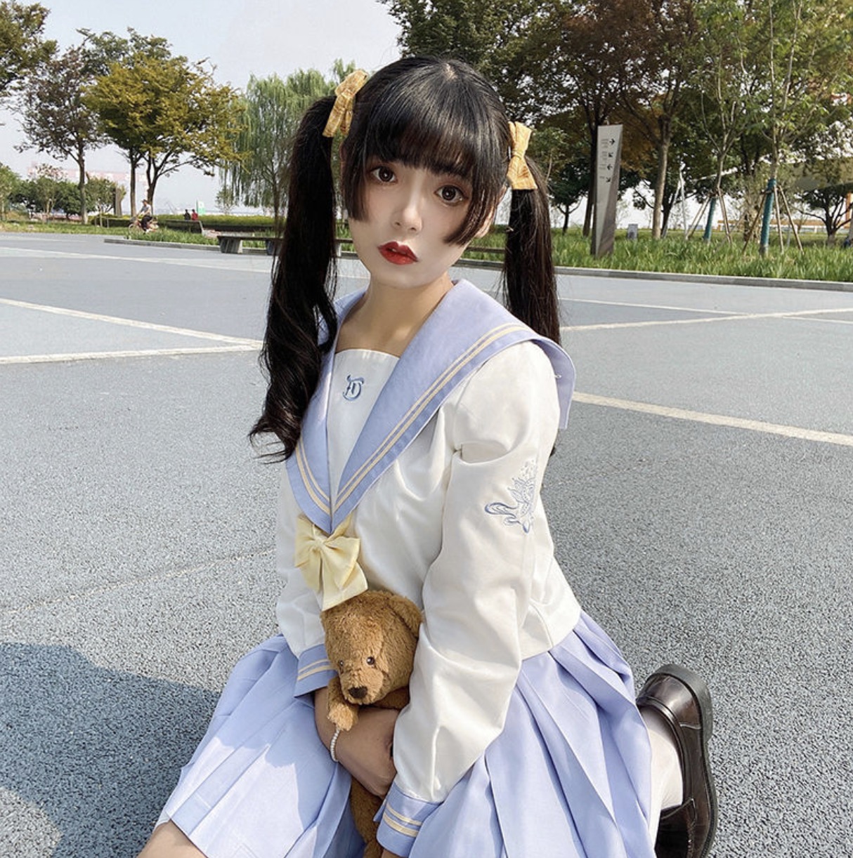 メイン画像:2枚目:制服コスプレ 爽やかリボン付き二色襟セーラー服コスプレ衣装