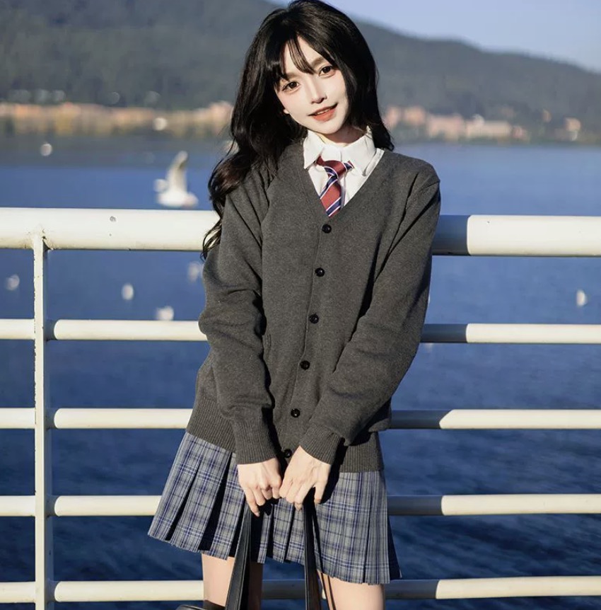 メイン画像:2枚目:制服コスプレ 学生風前開きニットカーディガン