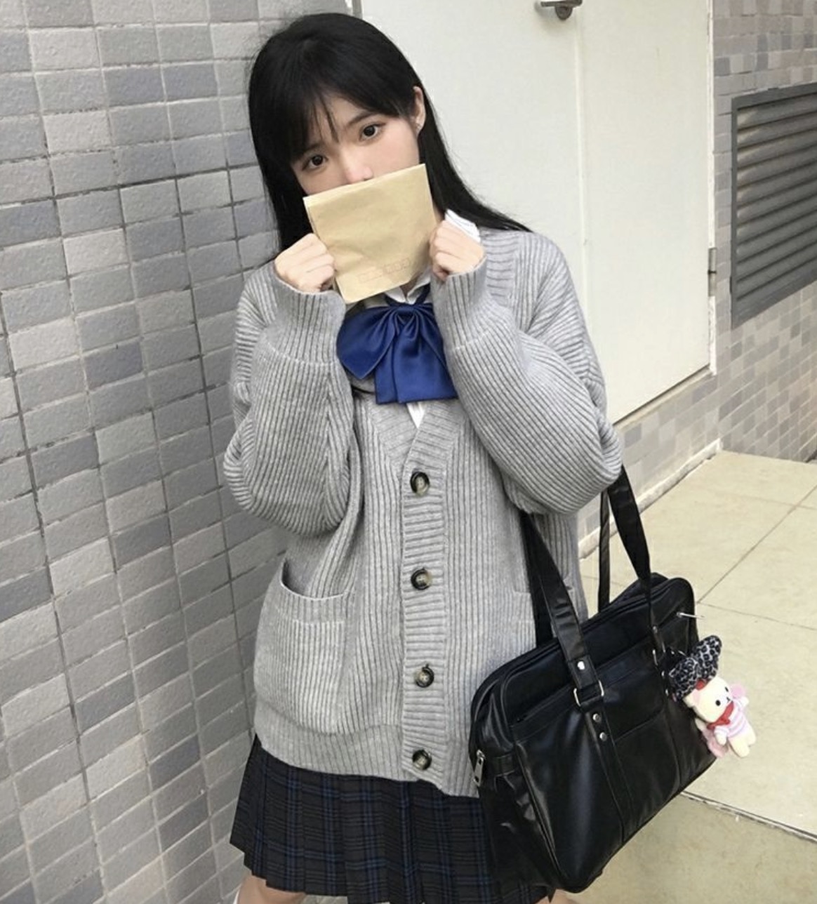 メイン画像:4枚目:制服コスプレ 学生風カーディガン付きチェックスカート制服セット