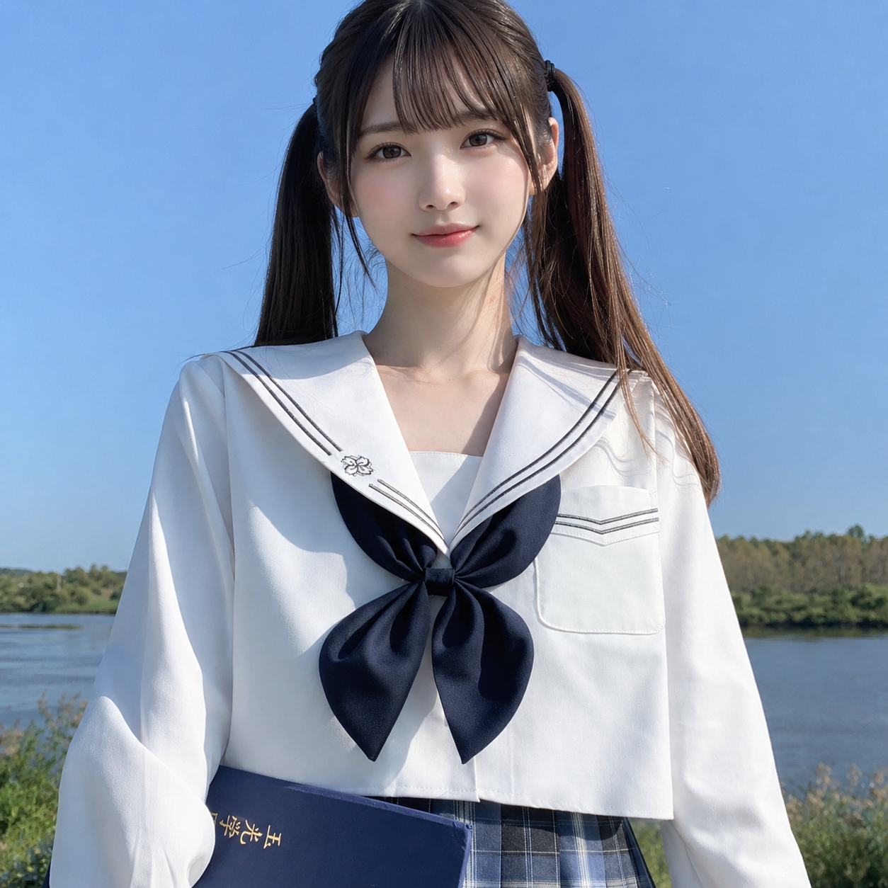 メイン画像:0枚目:制服コスプレ 清楚系白襟セーラー服と紺チェックプリーツスカートセット
