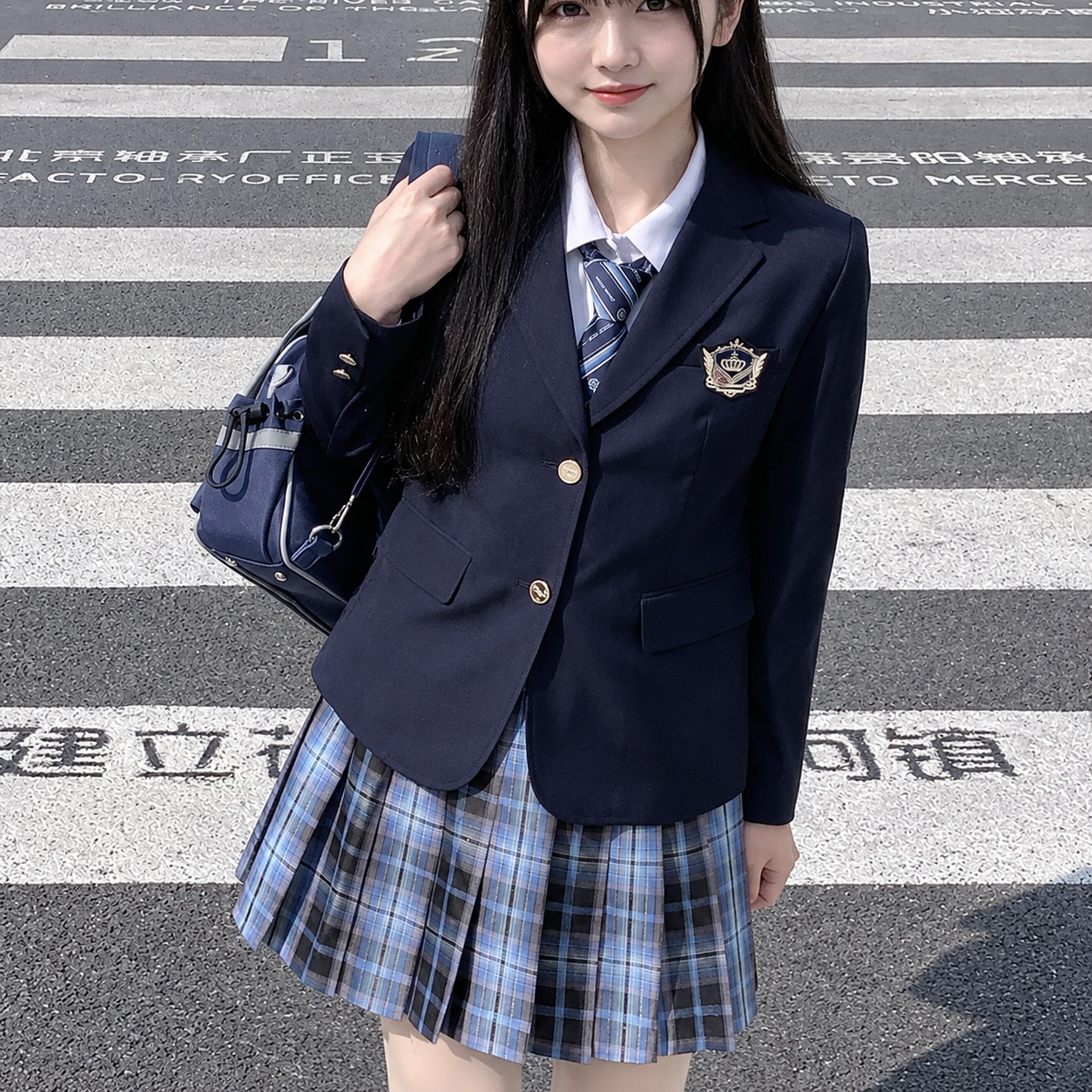 メイン画像:0枚目:制服コスプレ 紺ブレザー×チェック柄プリーツスカート制服セット