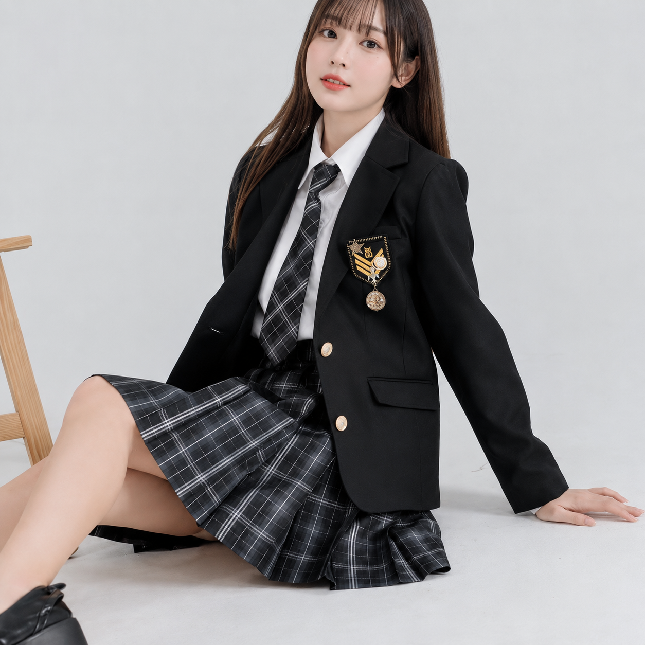 メイン画像:0枚目:制服コスプレ 英国風チェック柄プリーツスカート制服ブレザー三点セット