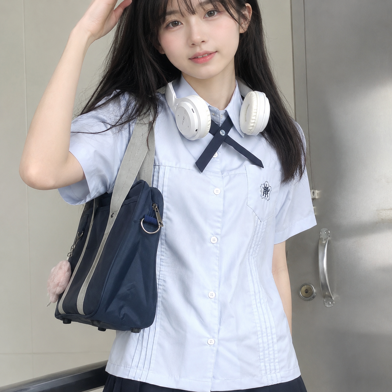 メイン画像:0枚目:制服コスプレ 清楚系学生風半袖ブラウス黒リボンセット