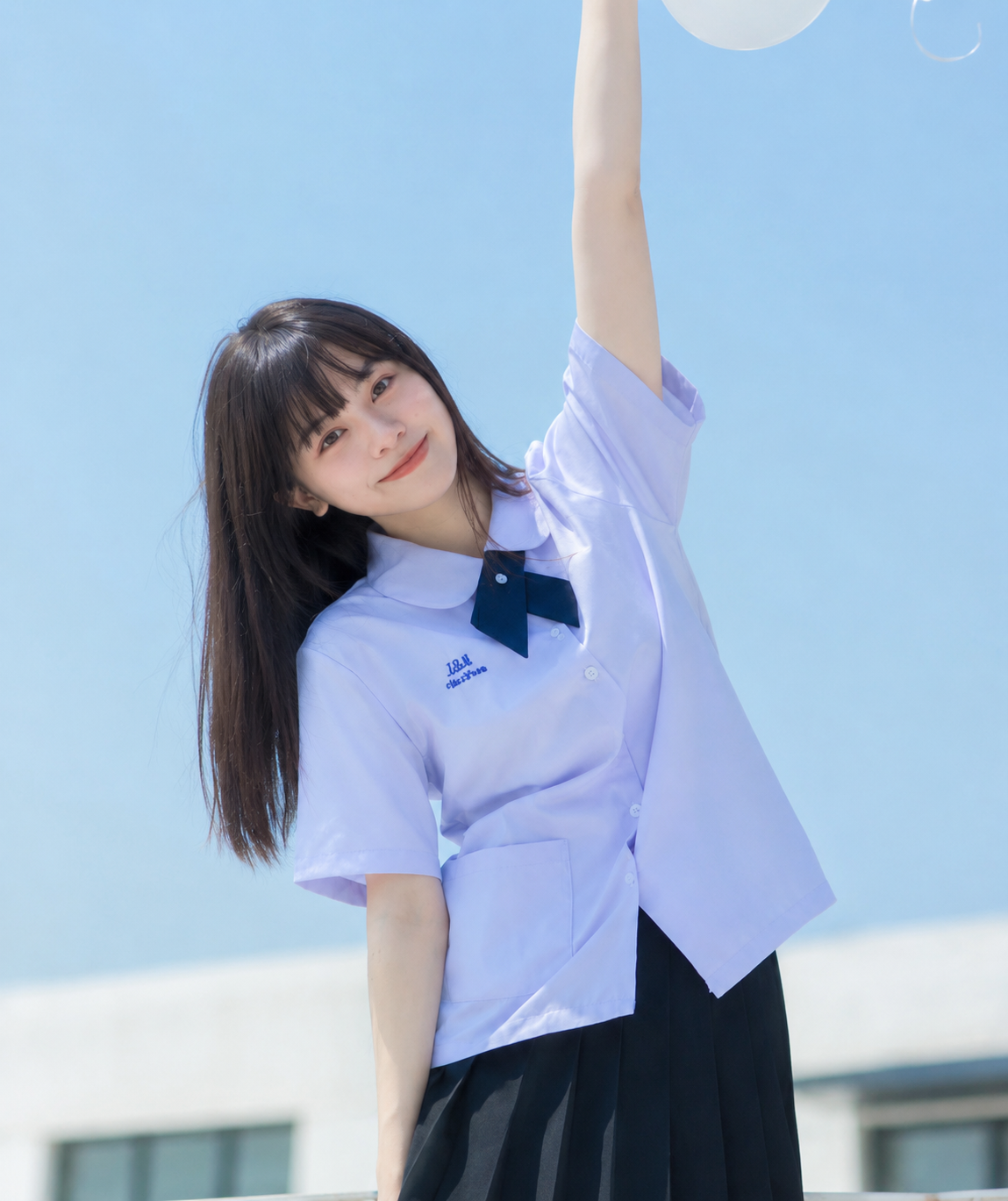 メイン画像:0枚目:制服コスプレ 爽やか淡色半袖シャツと黒リボンの学生制服セット