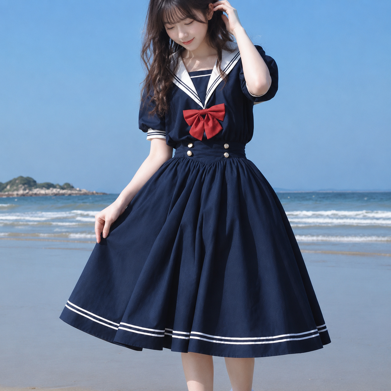 メイン画像:0枚目:制服コスプレ 清楚系セーラー襟リボン付き制服風ワンピース