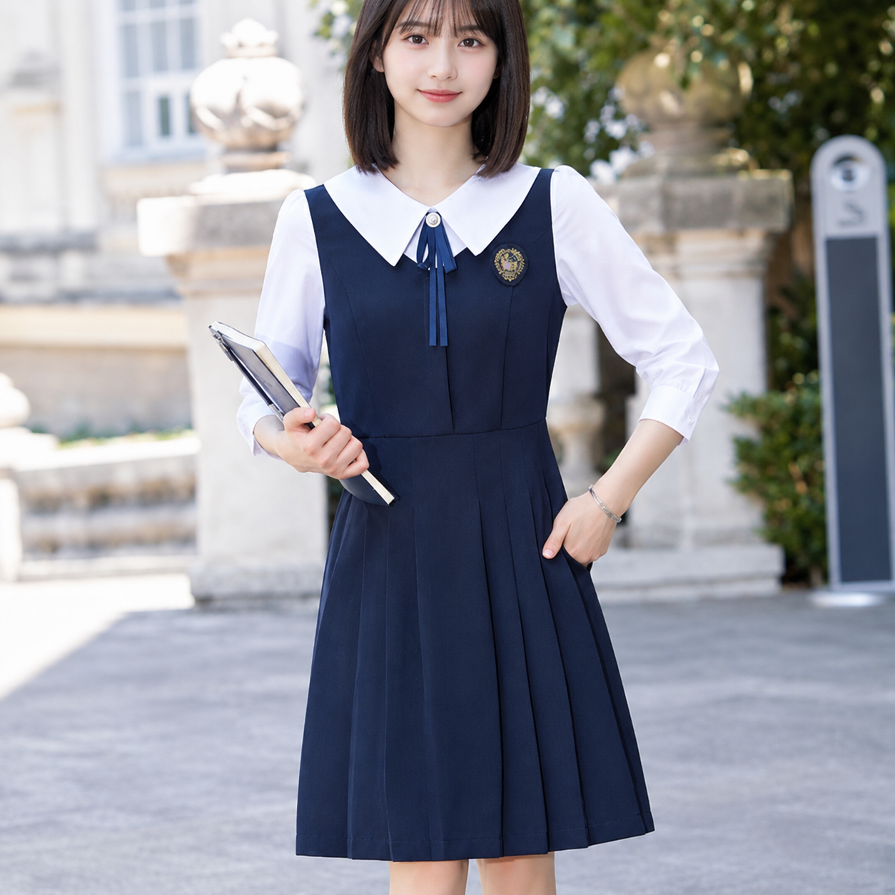 メイン画像:0枚目:制服コスプレ 清楚系襟付き紺色プリーツワンピース制服風