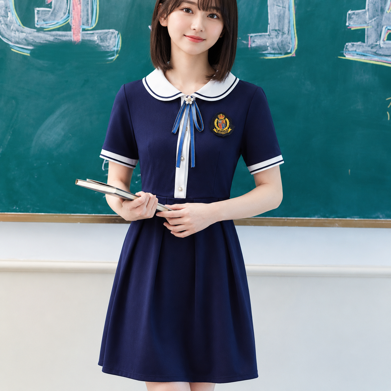メイン画像:0枚目:制服コスプレ 清楚系襟リボン付き学生風ワンピース