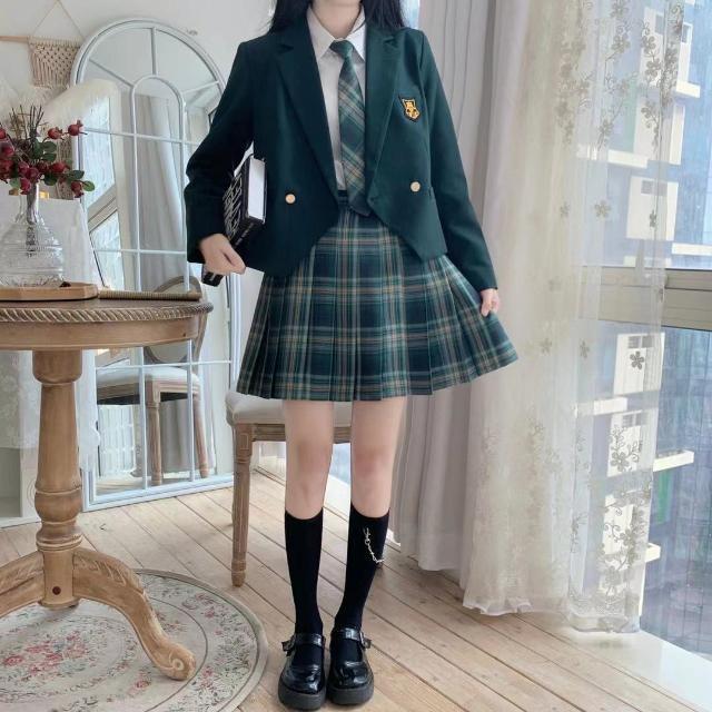 制服コスプレ 刺繍エンブレム付き学院風プリーツスカート制服セット