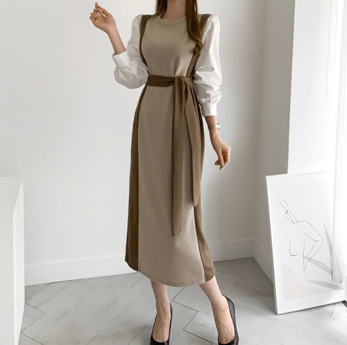 体型カバー レイヤード風切り替えデザイン吊りストラップワンピース