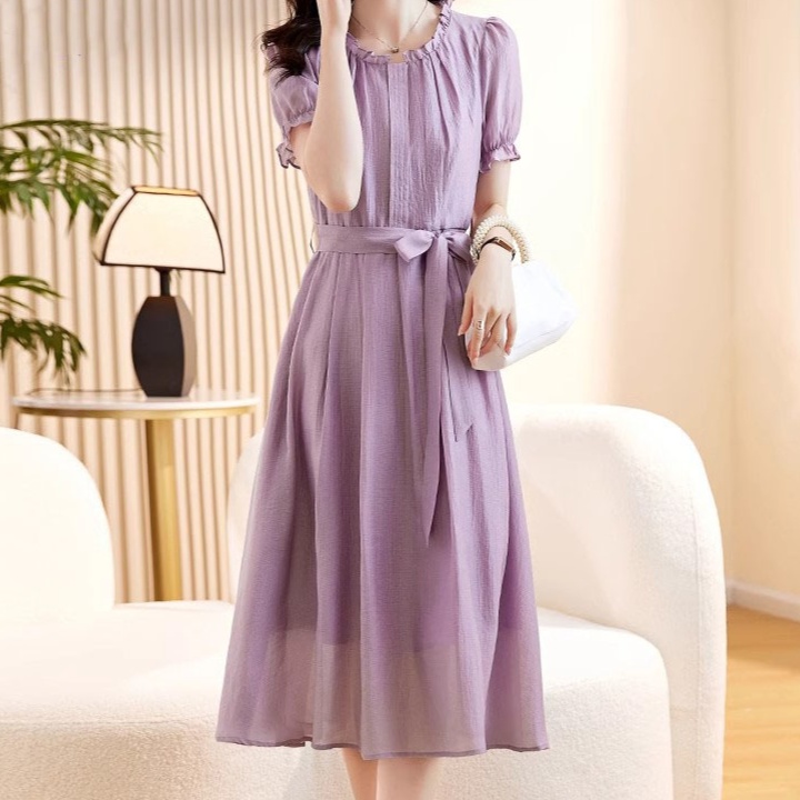 体型カバー 胸元ギャザー ふんわり袖 美シルエットワンピース