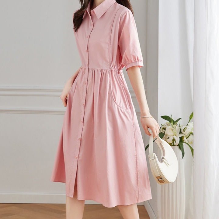 体型カバー エレガントシルエット シャツワンピース