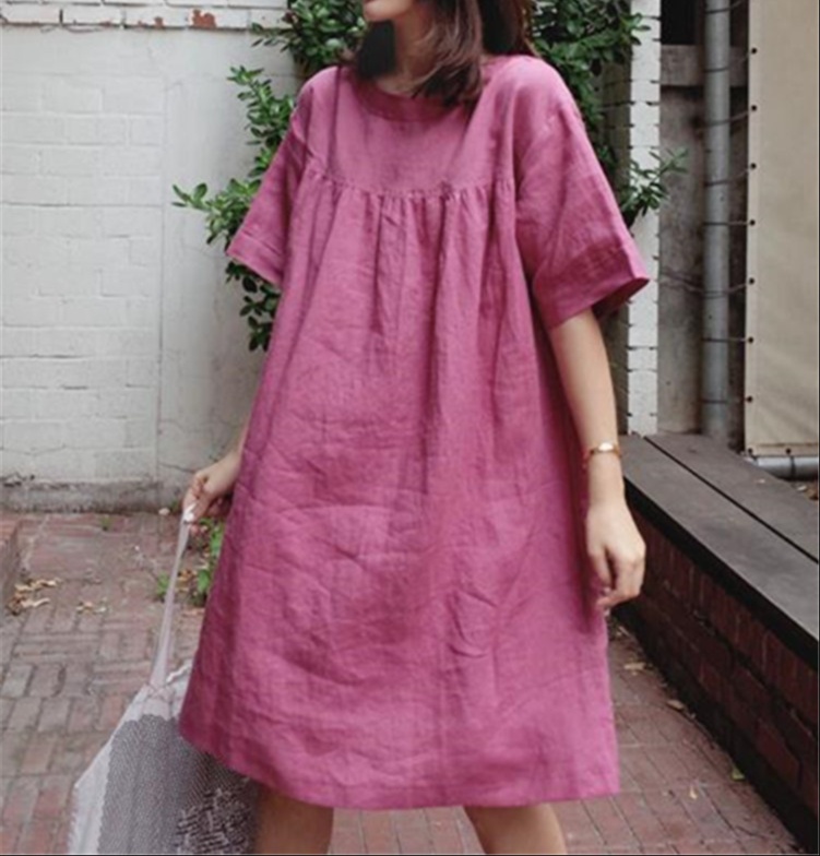 体型カバー ゆったり楽ちん麻混素材ワンピース