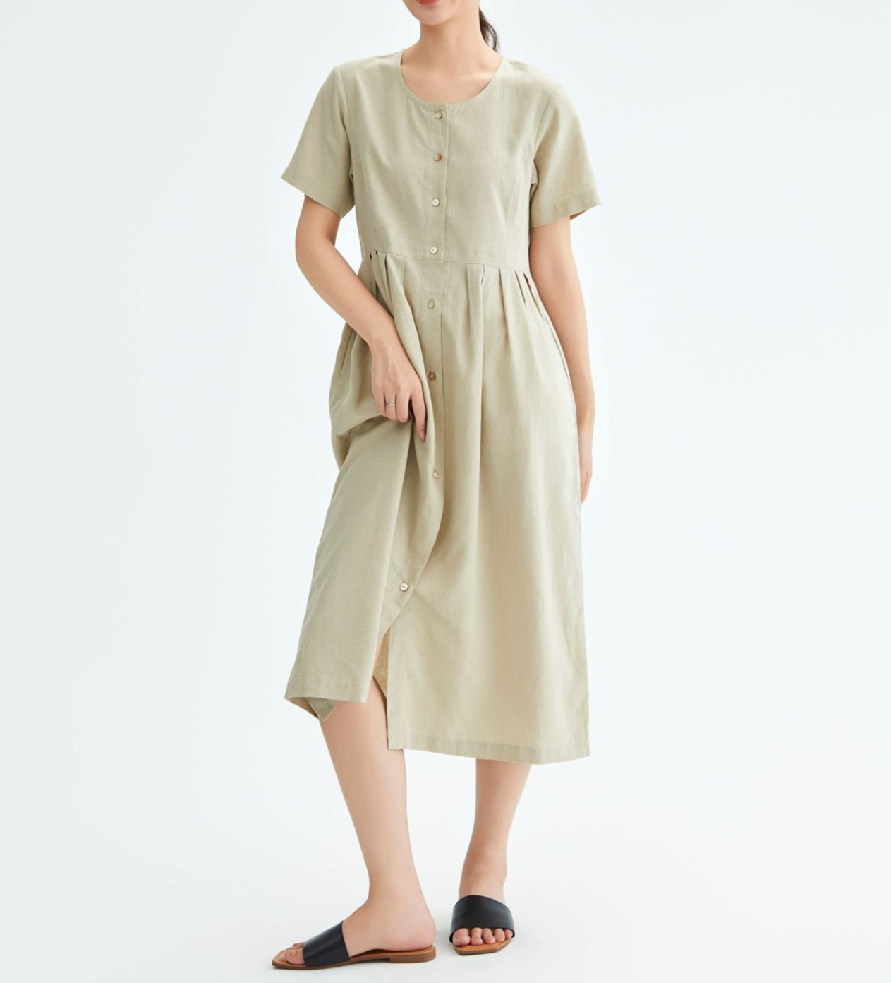 ワンピース 非表示(値段)　ナチュラル麻混プリーツ切替ワンピース