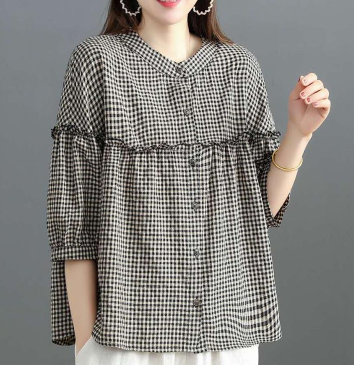 トップス ゆったりシルエット ギンガムチェックブラウス