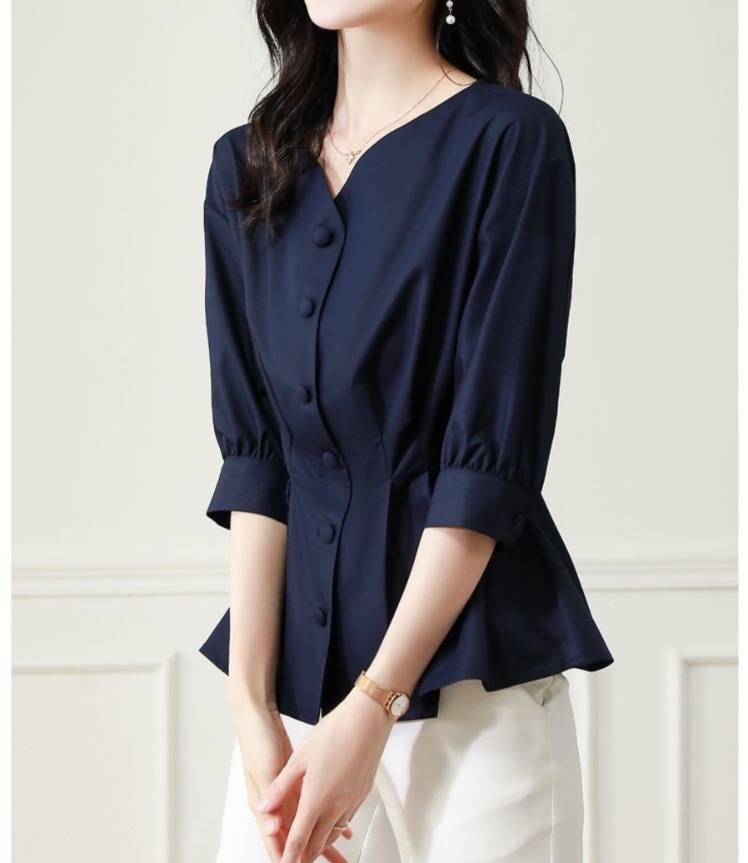 トップス 美シルエット ペプラム切替 七分袖ブラウス