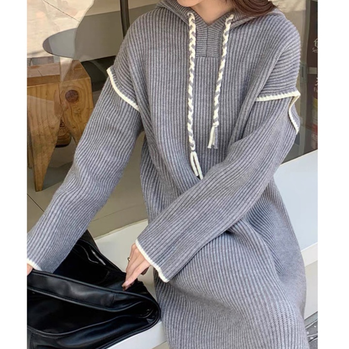 体型カバー ゆったりフードリブ編みロングワンピース