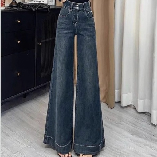 体型カバー抜群 ハイウエストマキシ丈デニムパンツ
