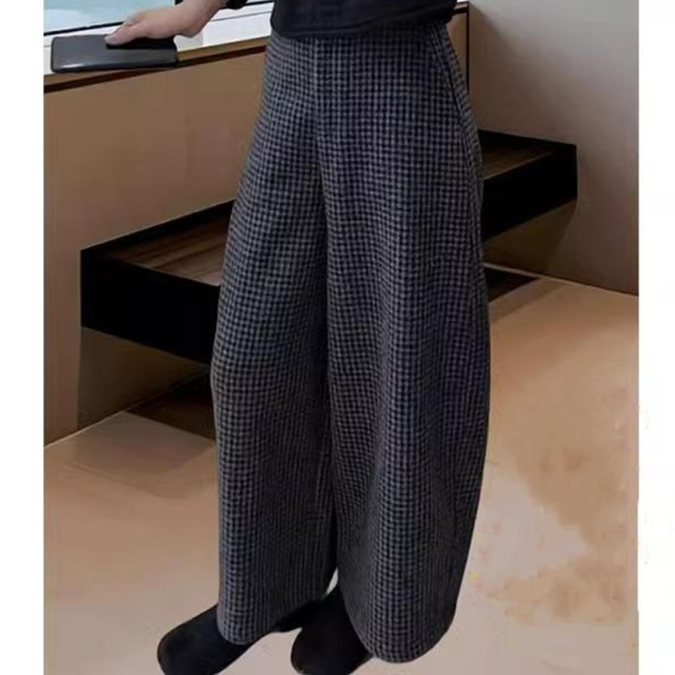 体型カバー ゆったりチェック柄ワイドパンツ