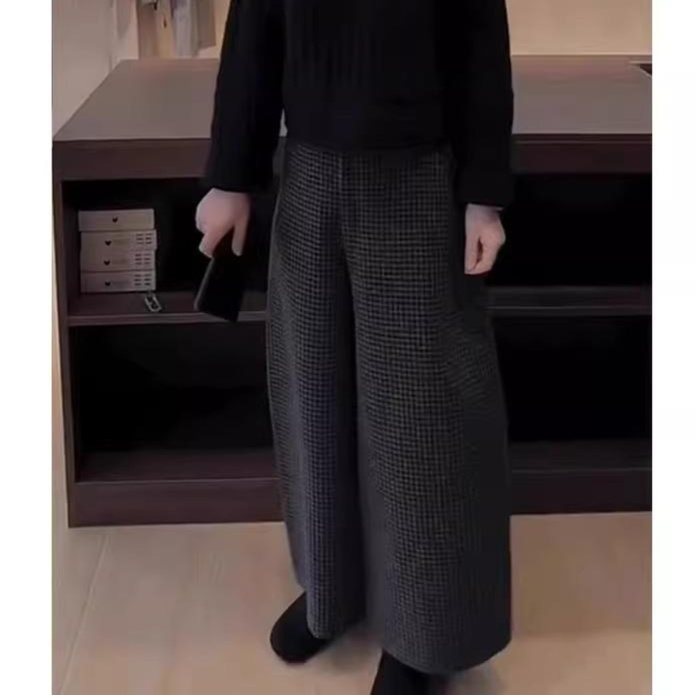 体型カバー ゆったりチェック柄ワイドパンツ