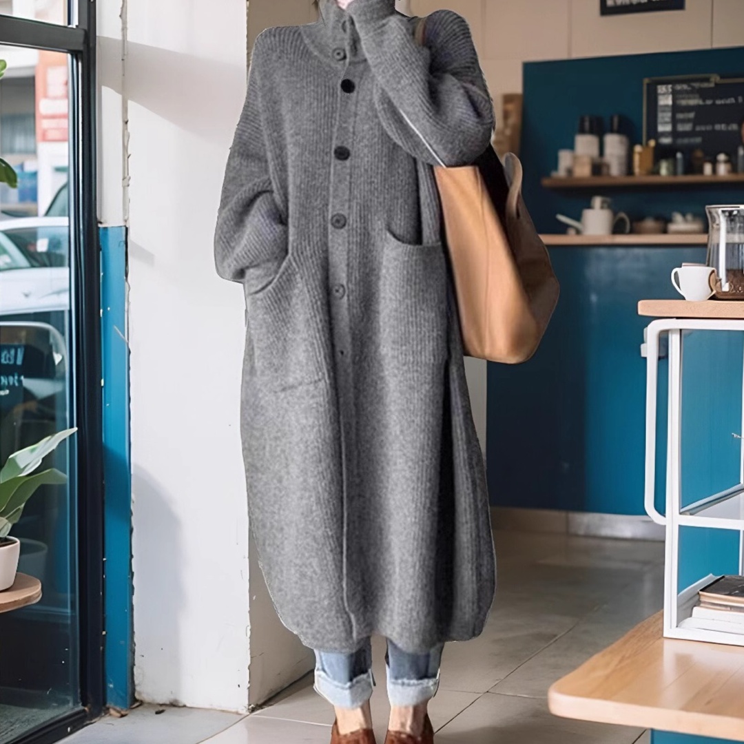 体型カバー ゆったりシルエット ロングニットコート