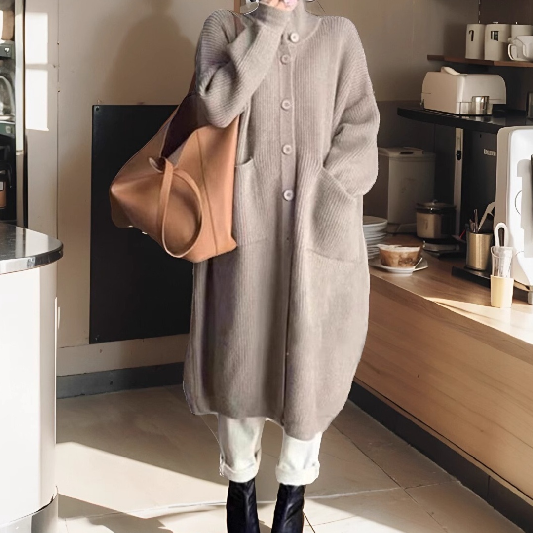 体型カバー ゆったりシルエット ロングニットコート