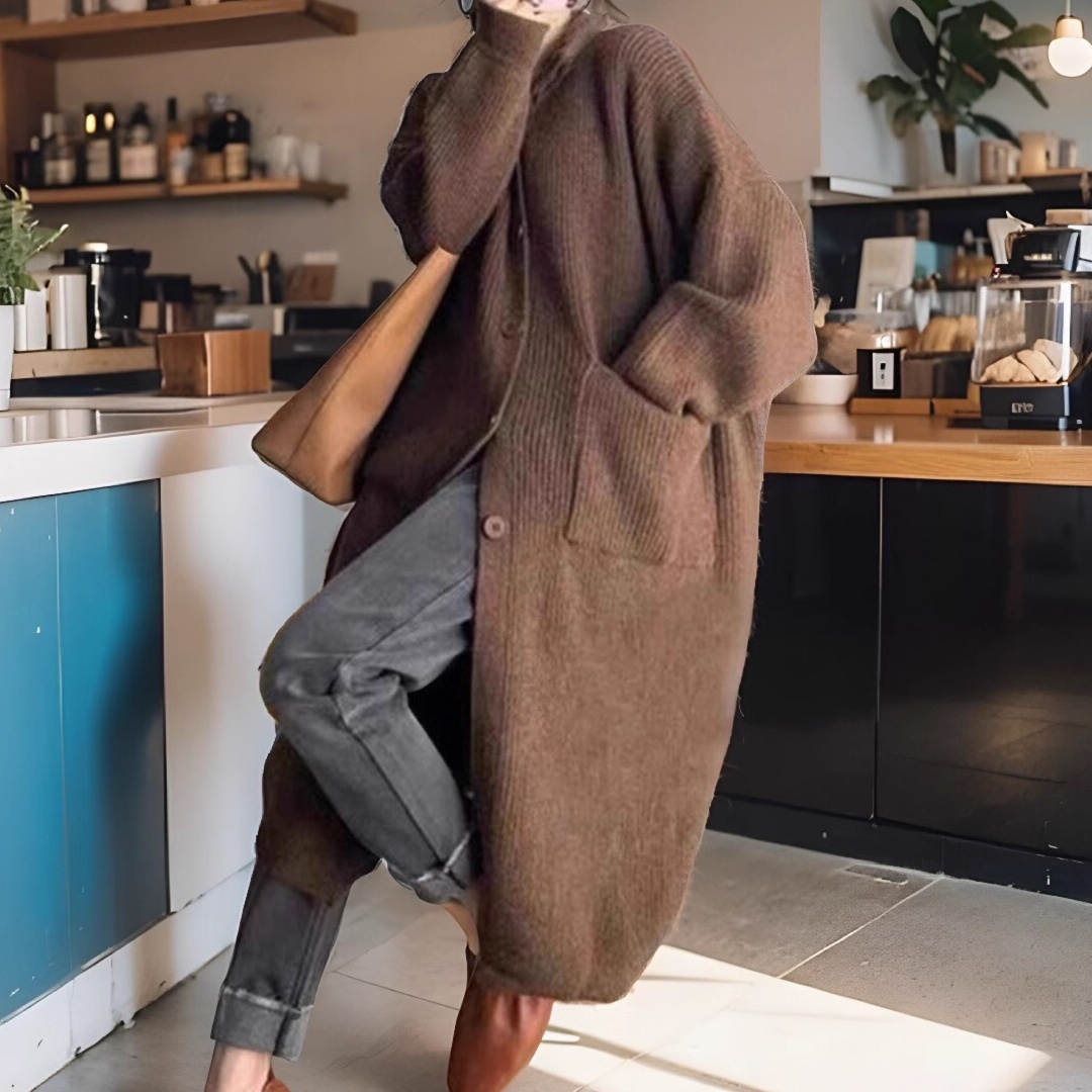 体型カバー ゆったりシルエット ロングニットコート
