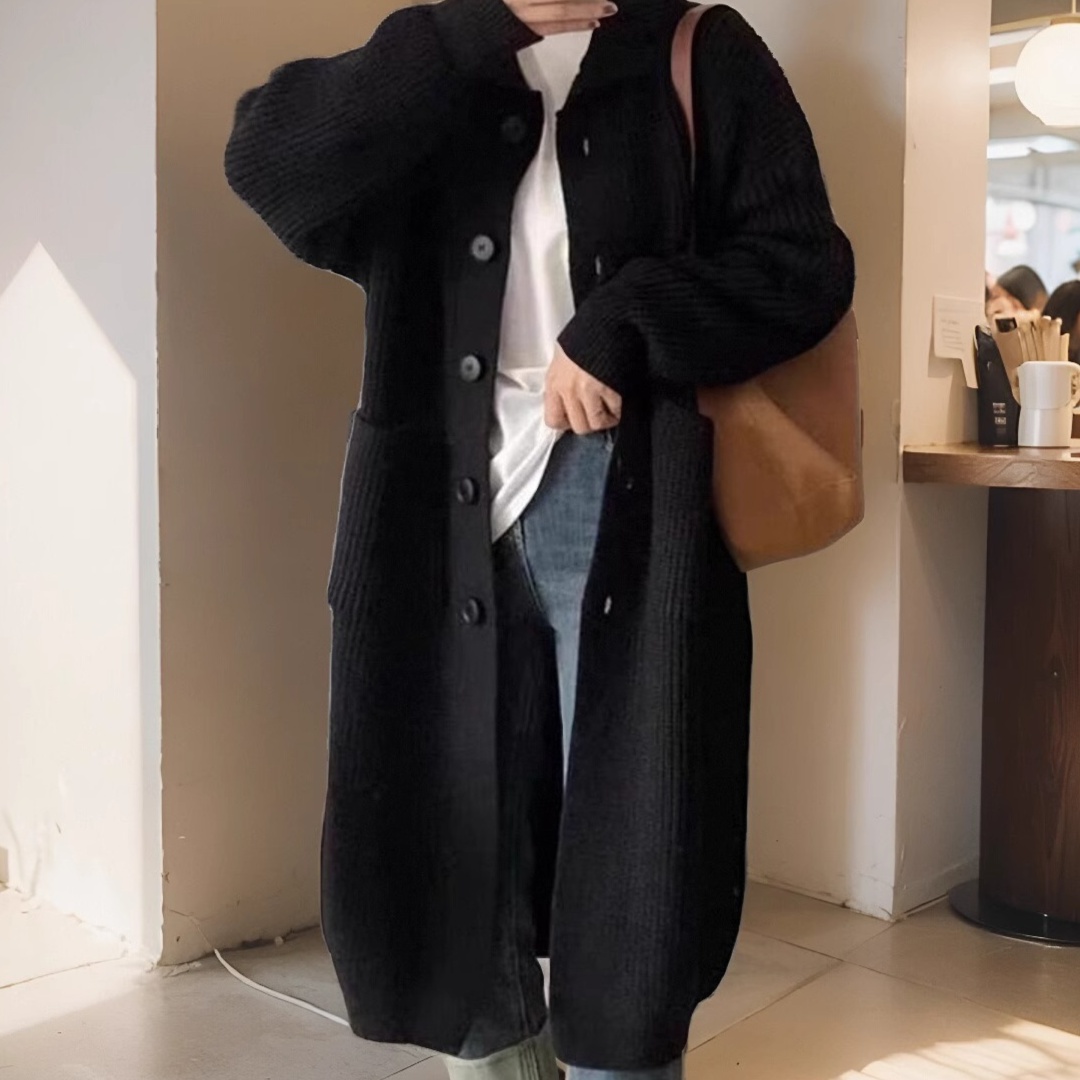 体型カバー ゆったりシルエット ロングニットコート