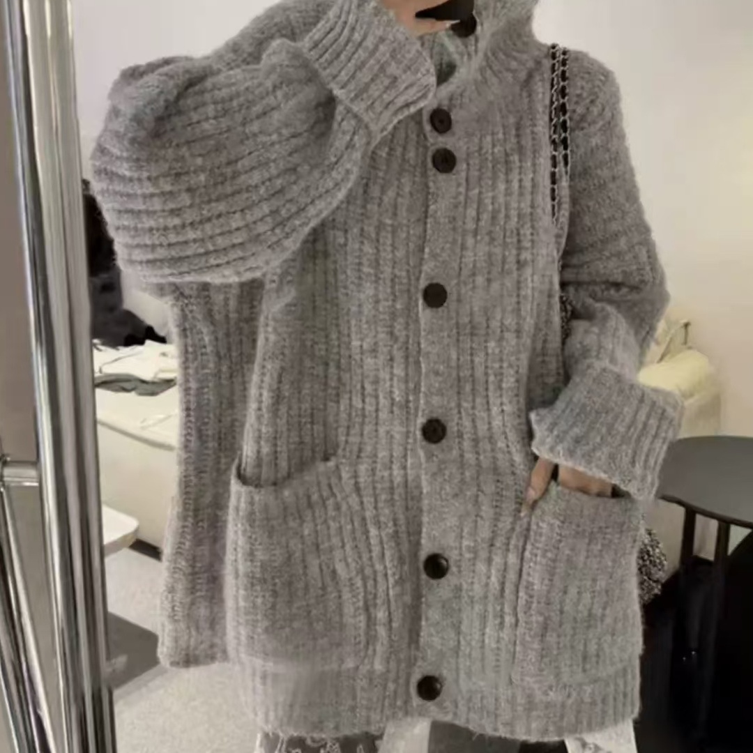体型カバー ふんわりリブ編み立ち襟カーディガン