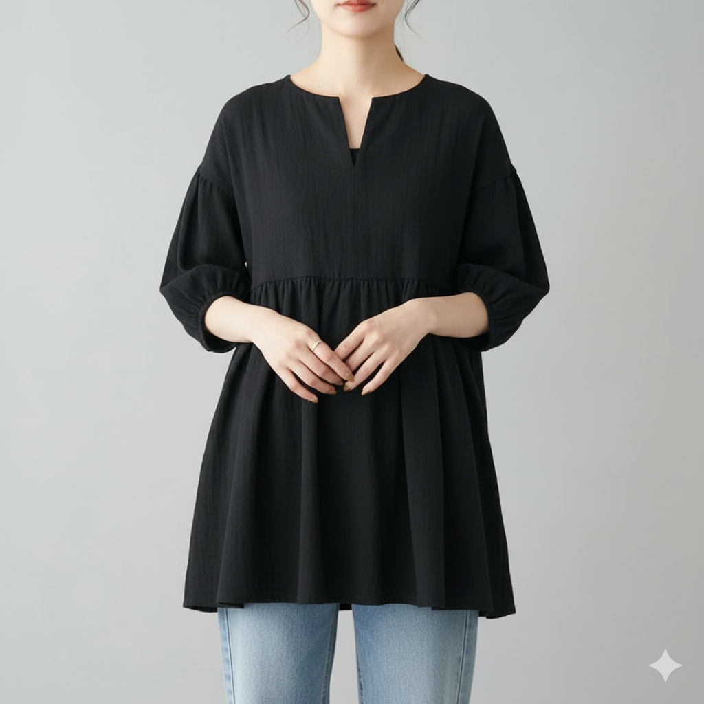 体型カバー ふんわり袖のギャザーブラウス