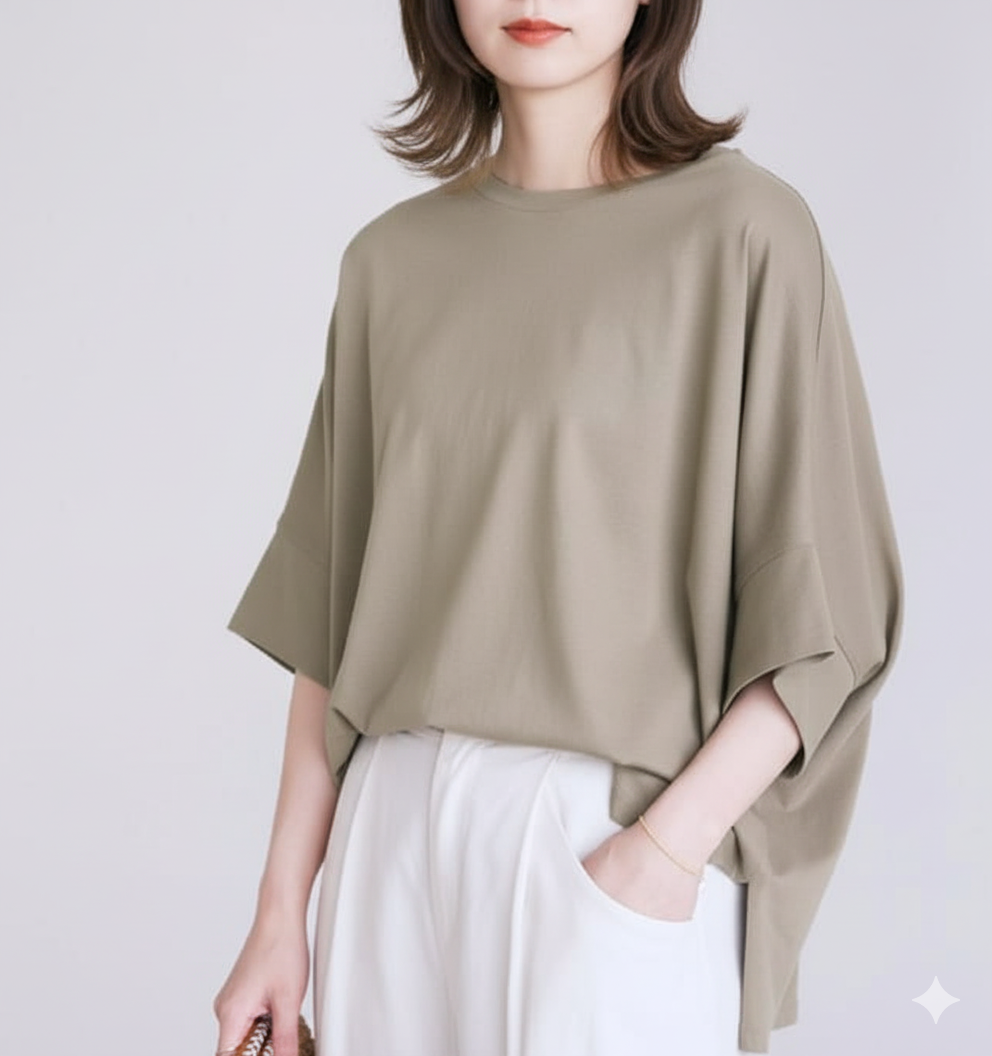 体型カバー ゆったりシルエット五分袖ブラウス