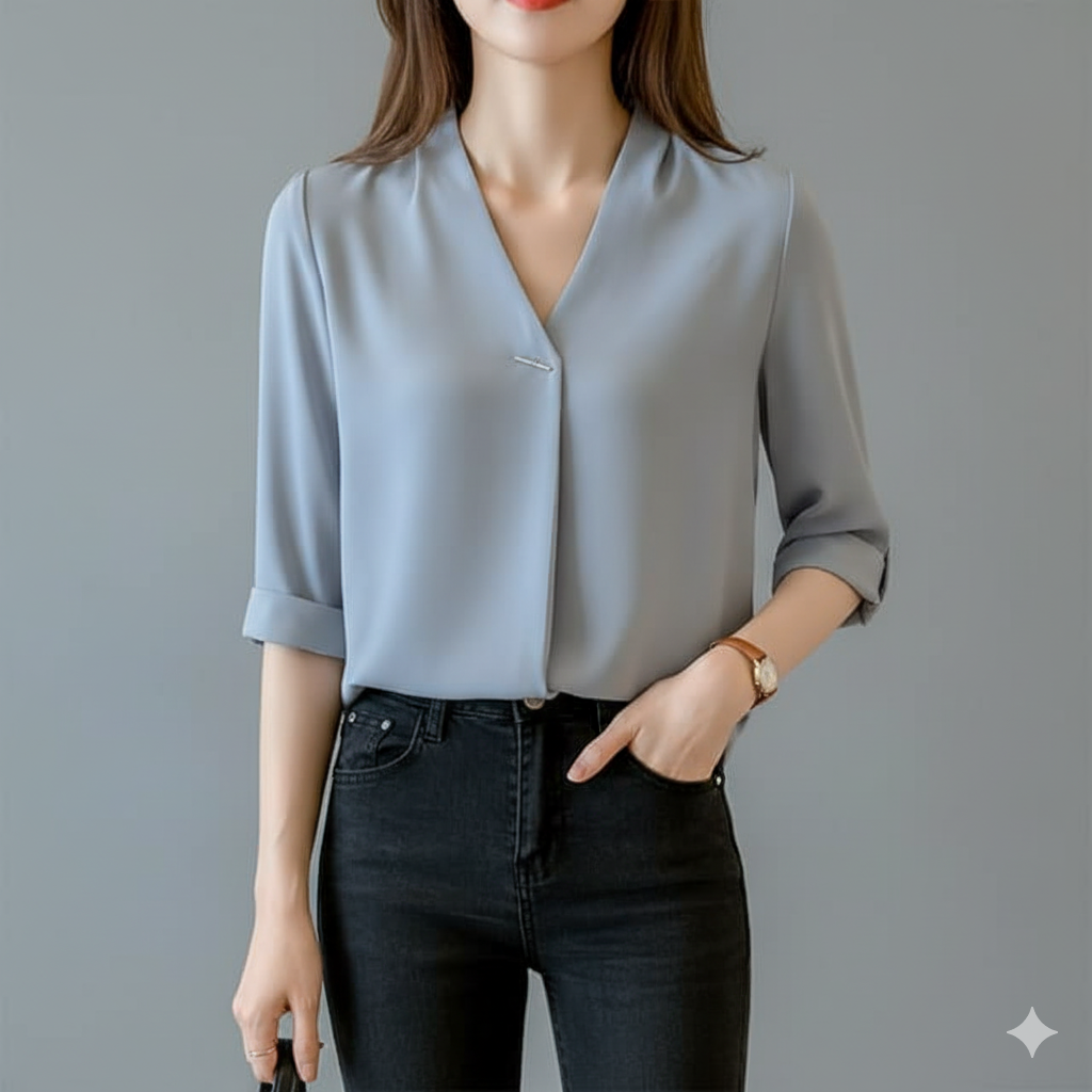 体型カバー すっきりVネック七分袖シルエットブラウス