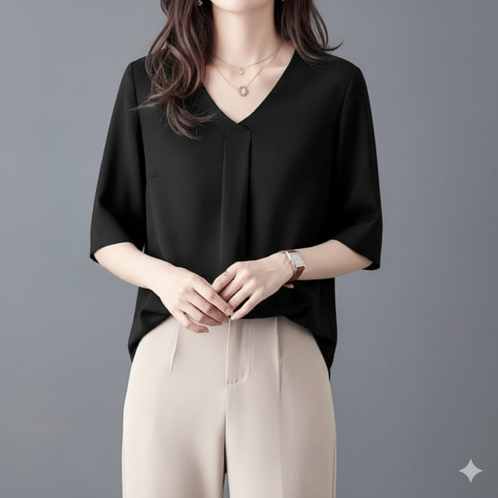 体型カバー ゆったりシルエット Vネックブラウス