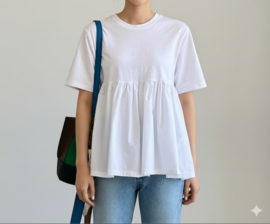 体型カバー ふんわりギャザーペプラムブラウス