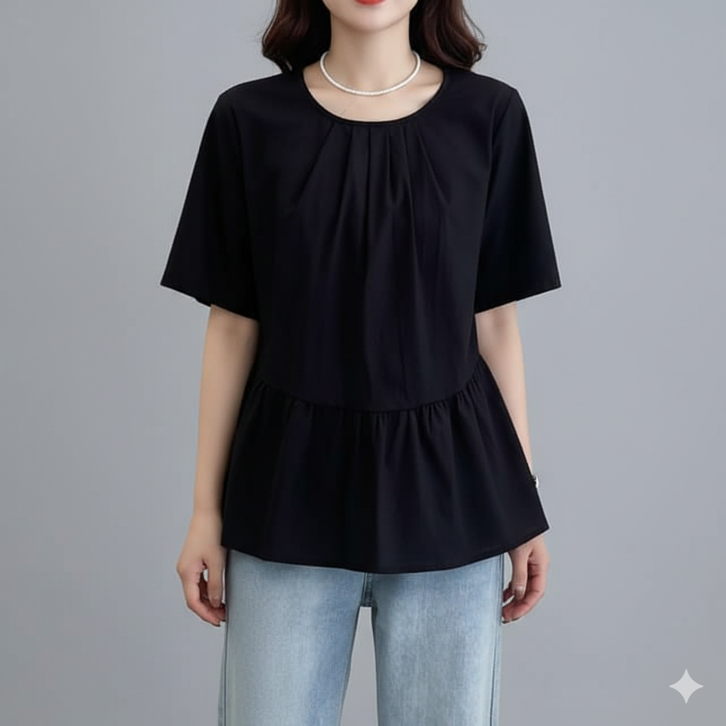 体型カバー ふんわりギャザー ペプラムブラウス