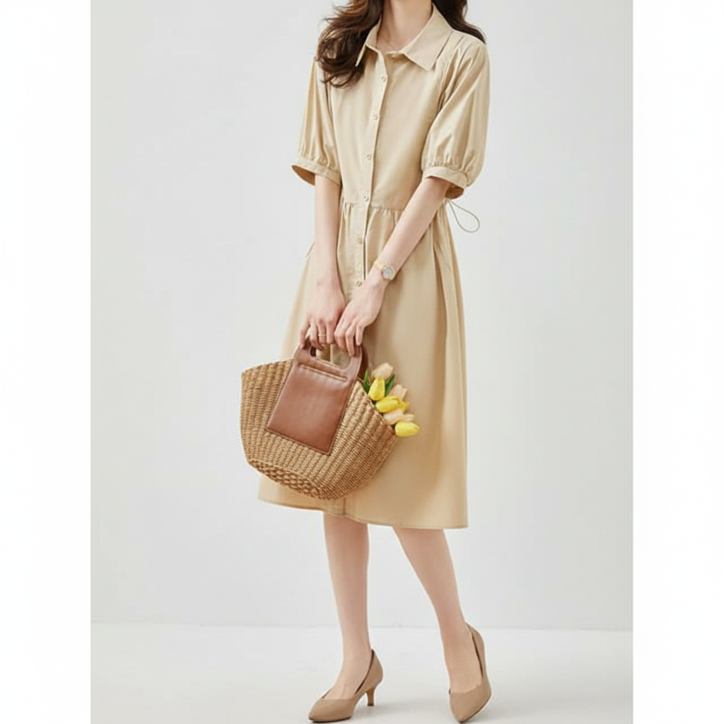 非表示(パフスリーブ)ワンピース エレガントシルエット シャツワンピース