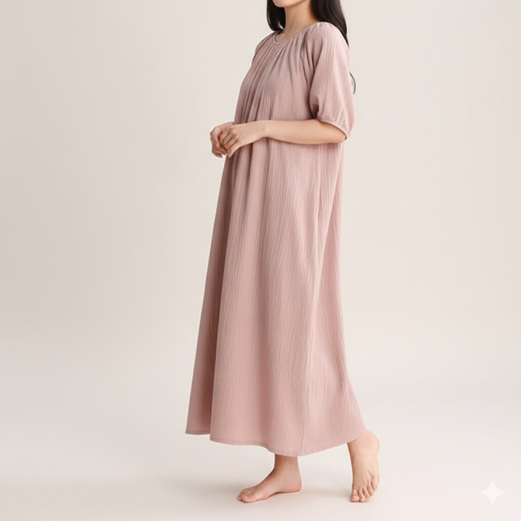 非表示(パフスリーブ)ワンピース 楽ちん素材のゆったりギャザーワンピース