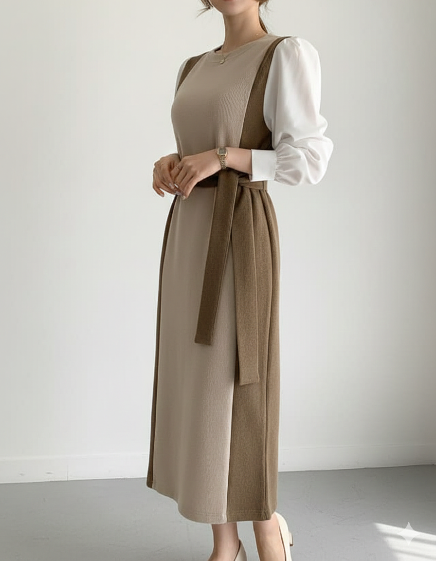 非表示(パフスリーブ)ワンピース レイヤード風切り替えデザイン吊りストラップワンピース