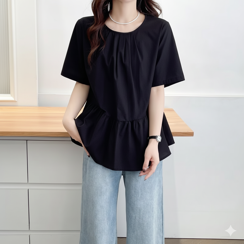 トップス ふんわりギャザー ペプラムブラウス