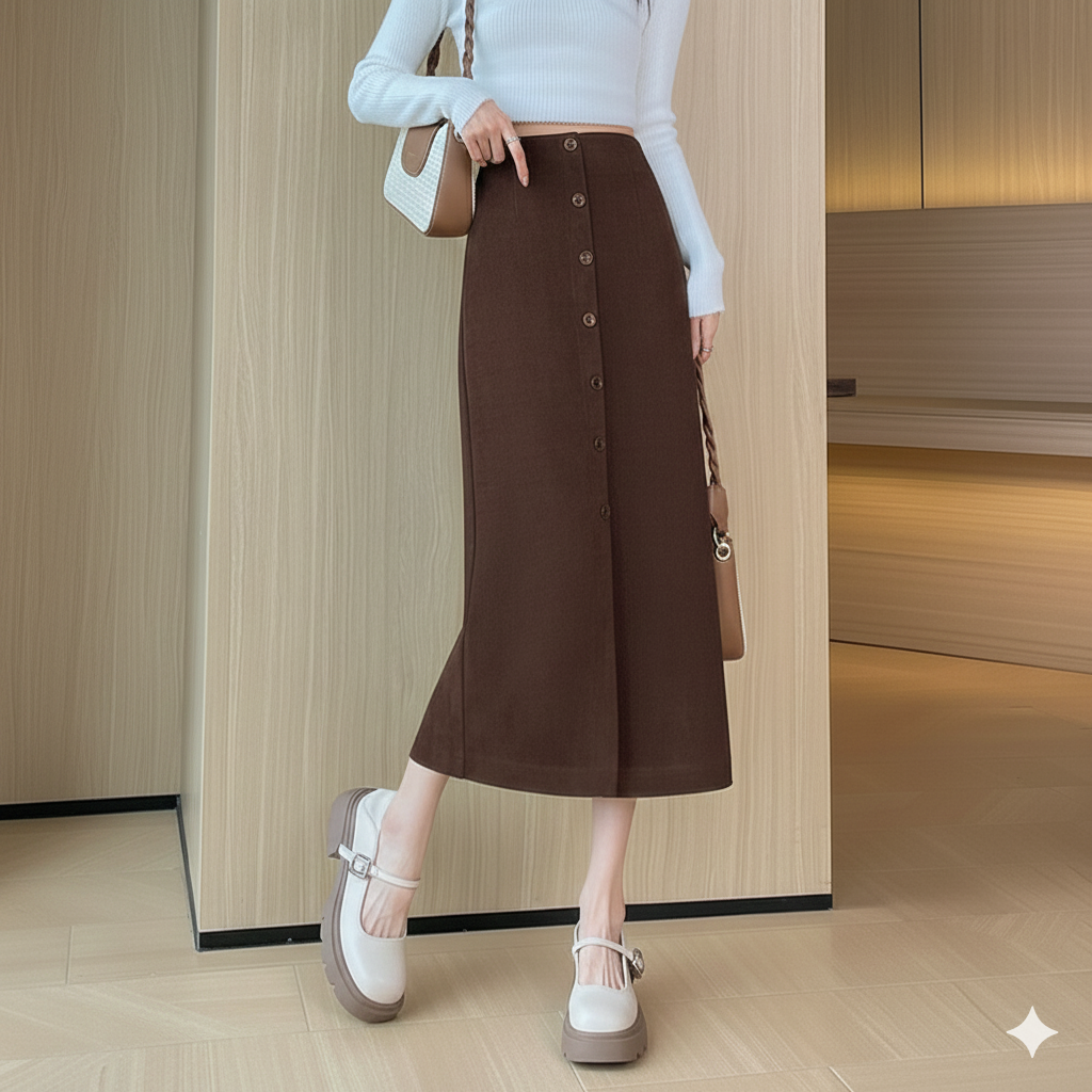 スカート ボタン付きすっきりシルエットスカート