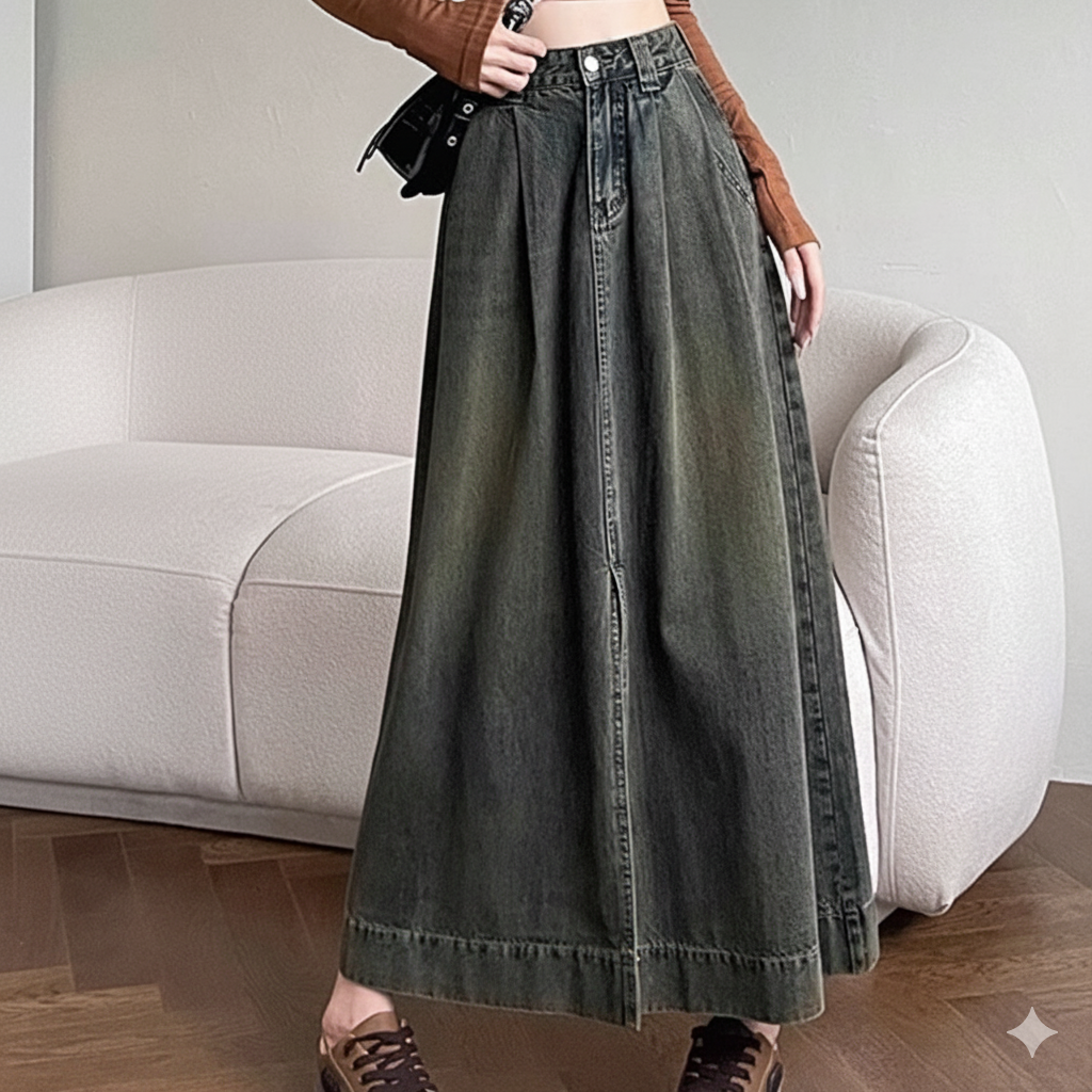 スカート ゆったりフレアデニムロングスカート